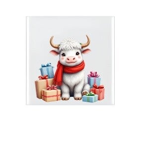 Keramische tegel Kerst schotse hooglander wit - 10x10 cm