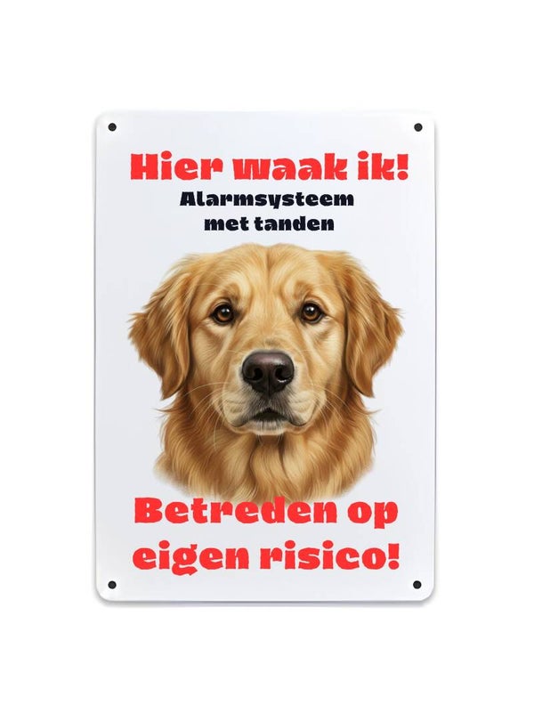 Aluminium Golden retriever - Hier waak ik - 20x30 cm