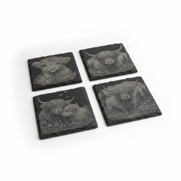 Onderzetter SET gegraveerde leisteen - Schotse hooglander - 10x10 cm - Set van 4
