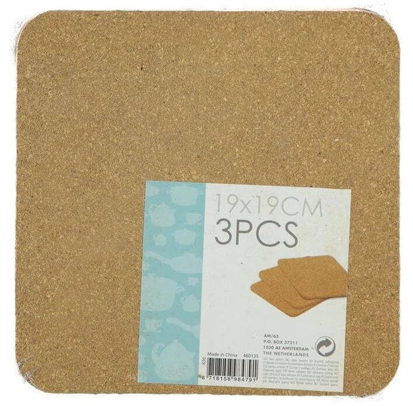 Panonderzetters Kurk Vierkant - 19x19 cm - Set 3 stuks