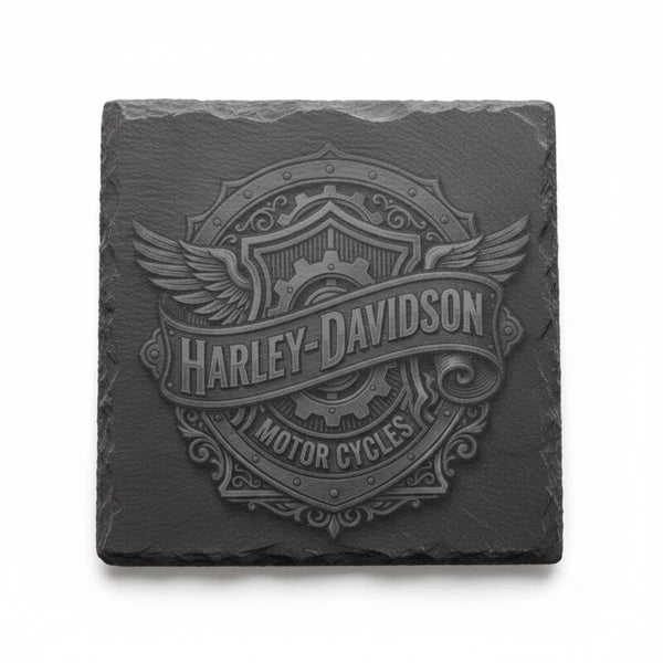 Onderzetter gegraveerde leisteen "Harley Davidson" - 17x17 cm