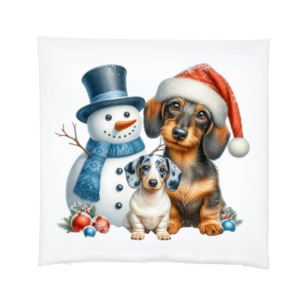Kussensloop kerst teckel en sneeuwpop - 39x39 cm