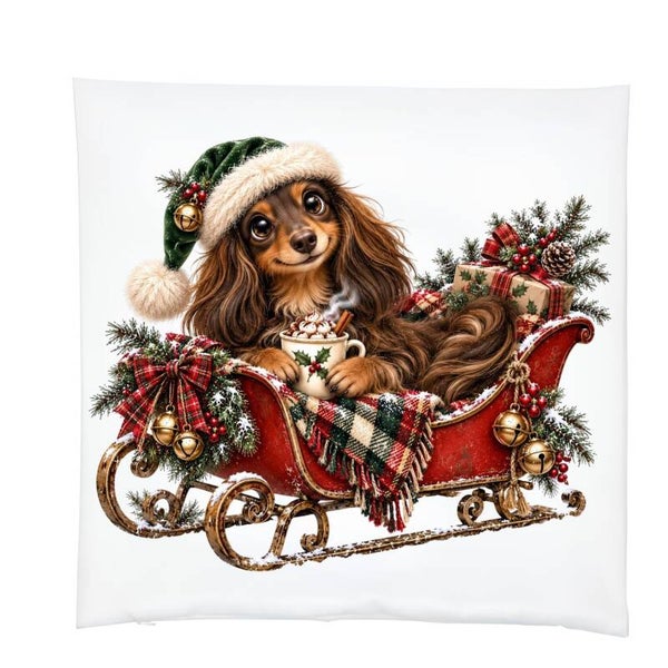 Kussensloop teckel kerst slee - 39x39 cm