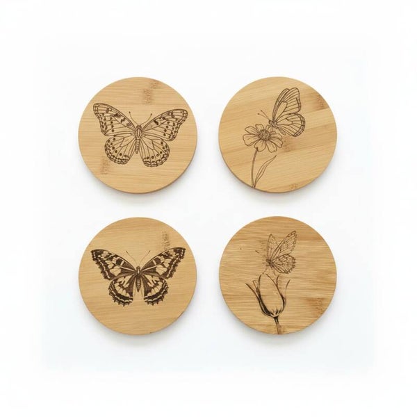 Onderzetter rond bamboe - vlinder - Set van 4