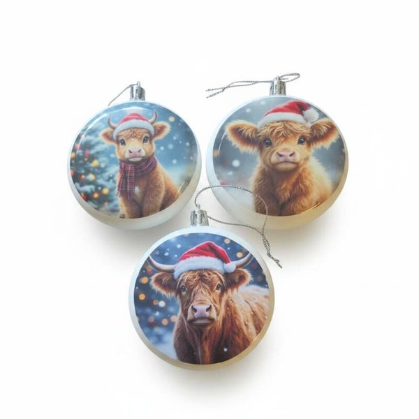 Kerstballen schotse hooglander - Rond 8 cm - Set van 3
