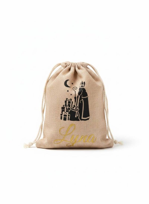 Sinterklaas pepernootzakje Jute - met eigen naam in glitter letters!