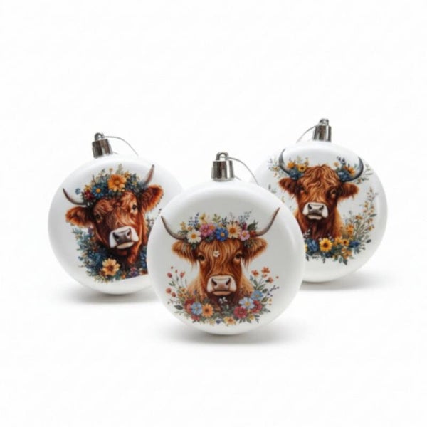 Kersthanger - Schotse Hooglander Koe Bloemen - Set van 3
