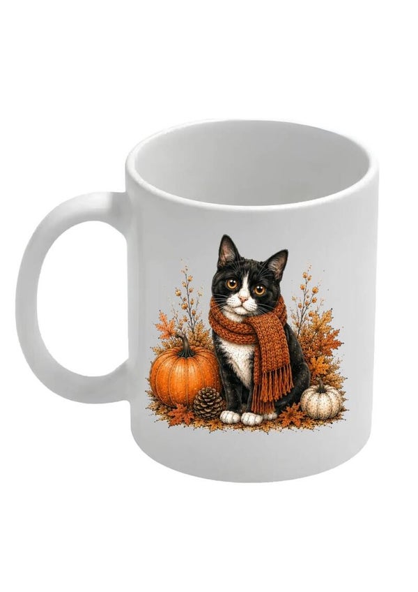 Mok herfst kat zwart/wit