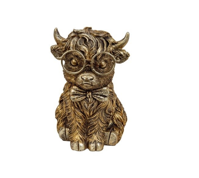 Schotse Hooglander Decoratie - Met bril - 15,5 x 11 cm - Oud Goud