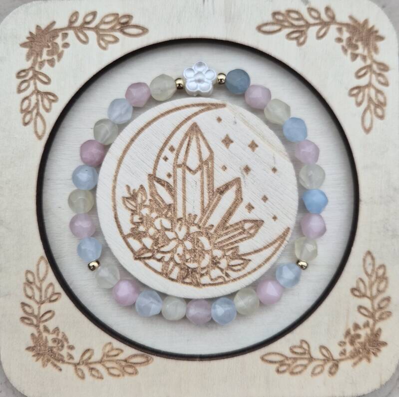 Morgen-Achat-Facettiert-mit-Edelstahl-und-Blume-6mm / VERKAUFT