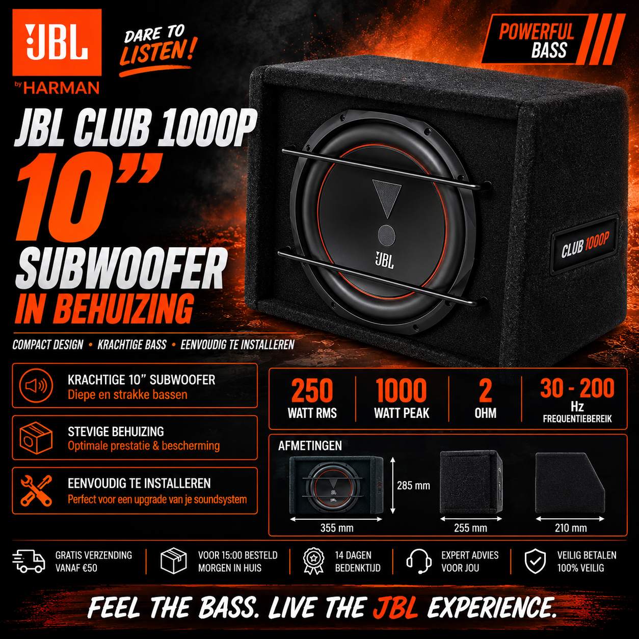CLUB 1000P - subwoofer in behuizing - JBL - 10 inch - 1000 WATT - 2 Ohm