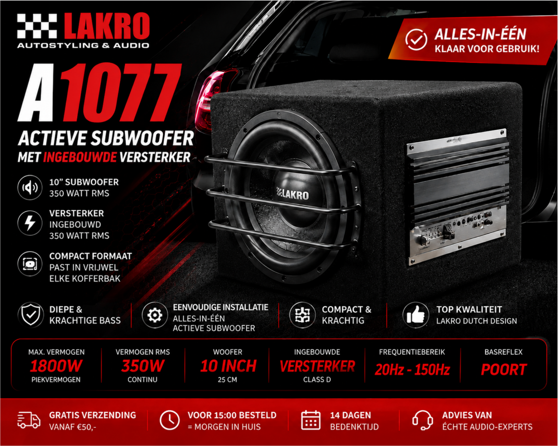 A1077 - Actieve subwoofer - Lakro - 10 inch - 350 watt RMS - Ingebouwde versterker