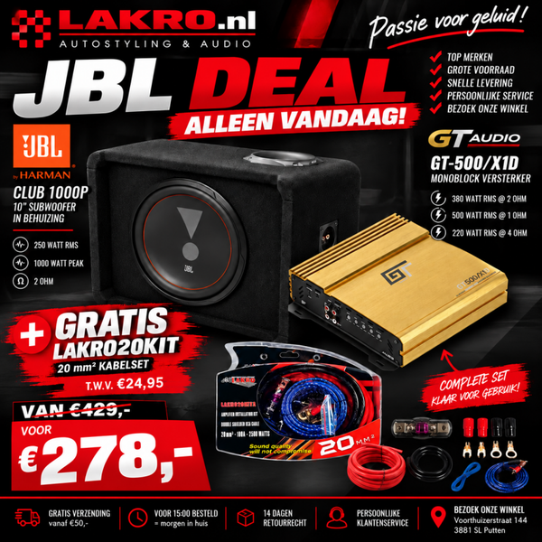 JBL Club 1000P Bass Pack – 10 inch – 250W RMS – GT Audio versterker – gratis 20mm² kabelset