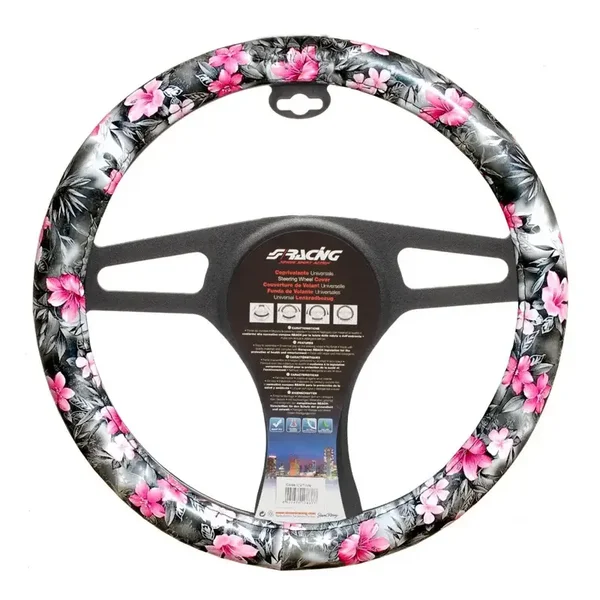 Simoni Racing Stuurwielhoes Flower - Zwart Eco-Leder/Roze - 37-39cm
