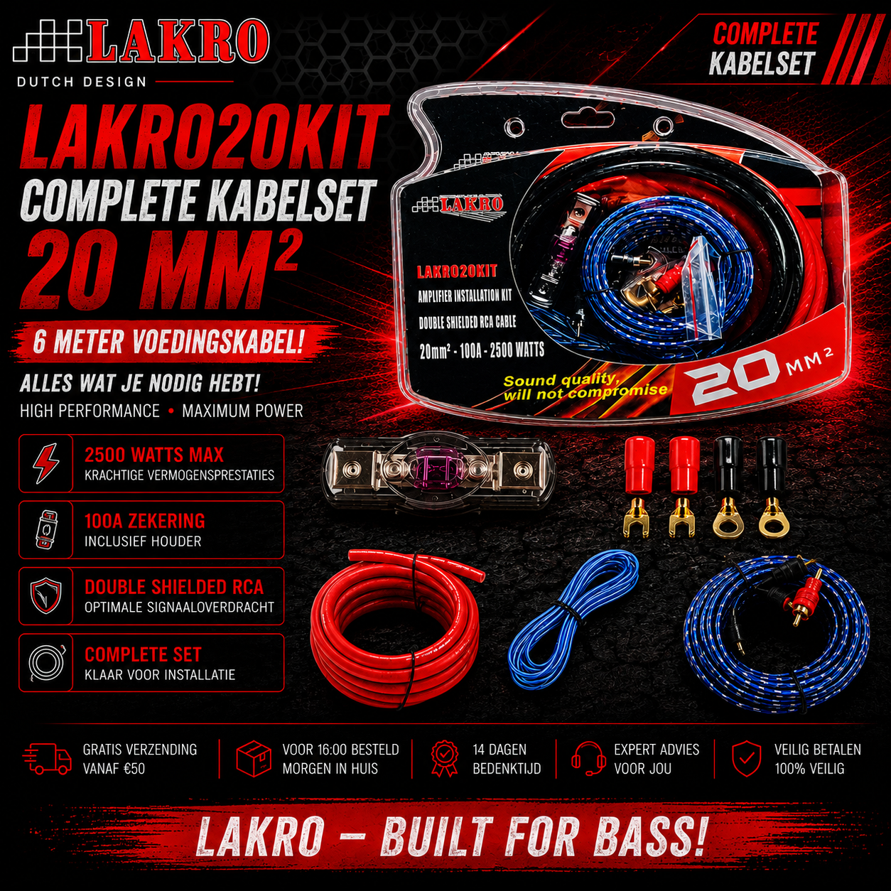 LAKRO20KIT - Complete Kabelset - Lakro - 20 mm2 - 6 meter pluskabel!