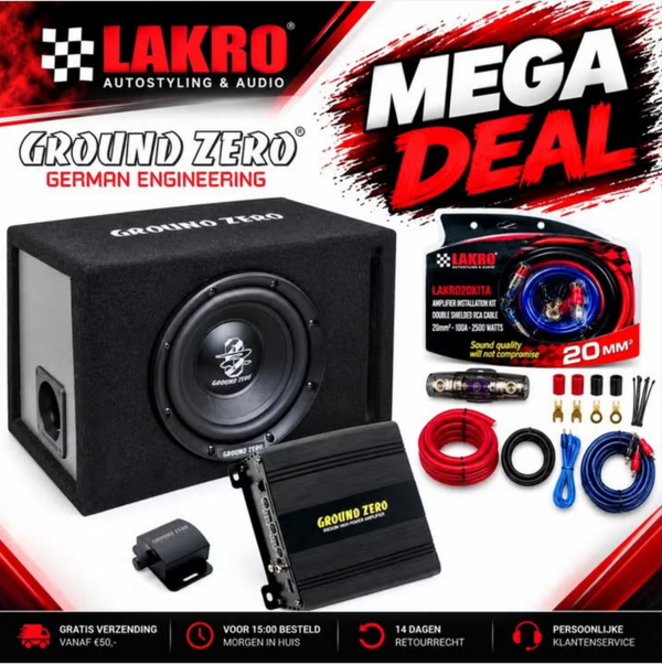 Ground Zero Basspack 1 - 8 Inch - 300 Watt - Ground Zero Versterker + LAKRO 20mm² Kabelset