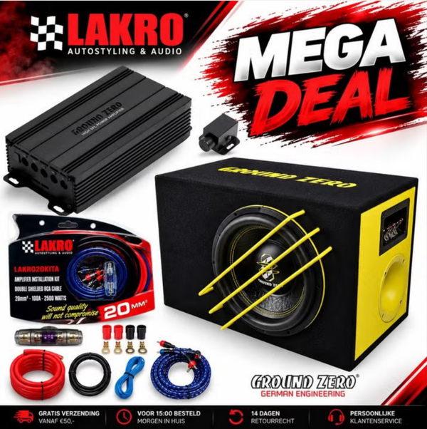 Ground Zero SPL Pack 2 - 10 Inch - 1000 Watt - 700W RMS Versterker + LAKRO 20mm² Kabelset