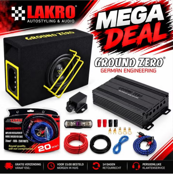 Ground Zero 16SPL-450.1M Pack 3 - 6,5 Inch - 700 Watt - 480W RMS Versterker + LAKRO 20mm² Kabelset