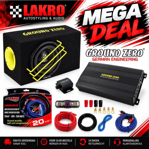 Ground Zero 20SPL-500.1 Pack 4 - 8 Inch - 1000 Watt - 580W RMS Versterker + LAKRO 20mm² Kabelset