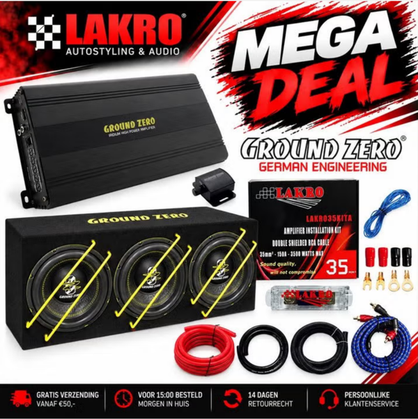 Ground Zero 3.250SPL-1500.1 Pack 6 - 3x 10 Inch - 2100 Watt - 1530W RMS Versterker + LAKRO 35mm² Kabelset