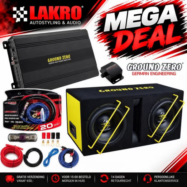 Ground Zero 2.12SPL-1500.1 Pack 7 - Dubbel 12 Inch - 2000 Watt - 1530W RMS Versterker + LAKRO 20mm² Kabelset