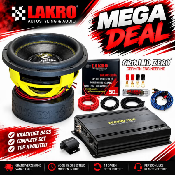 Ground Zero 30SPLD1-3000.M2-50Q Zware Set - 12 Inch - 6000 Watt - 3180W RMS Versterker + LAKRO 50mm² Kabelset