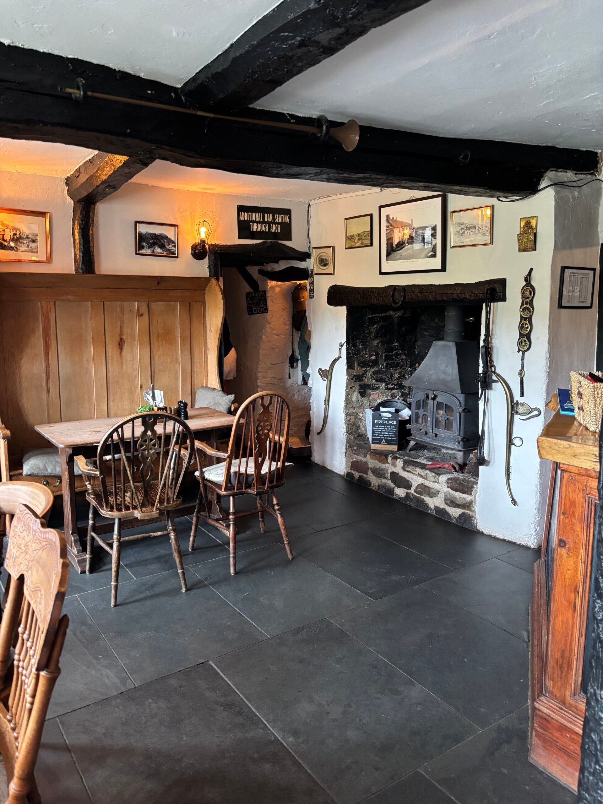 Bar and log burner at the Blue Ball Inn in Countisbury