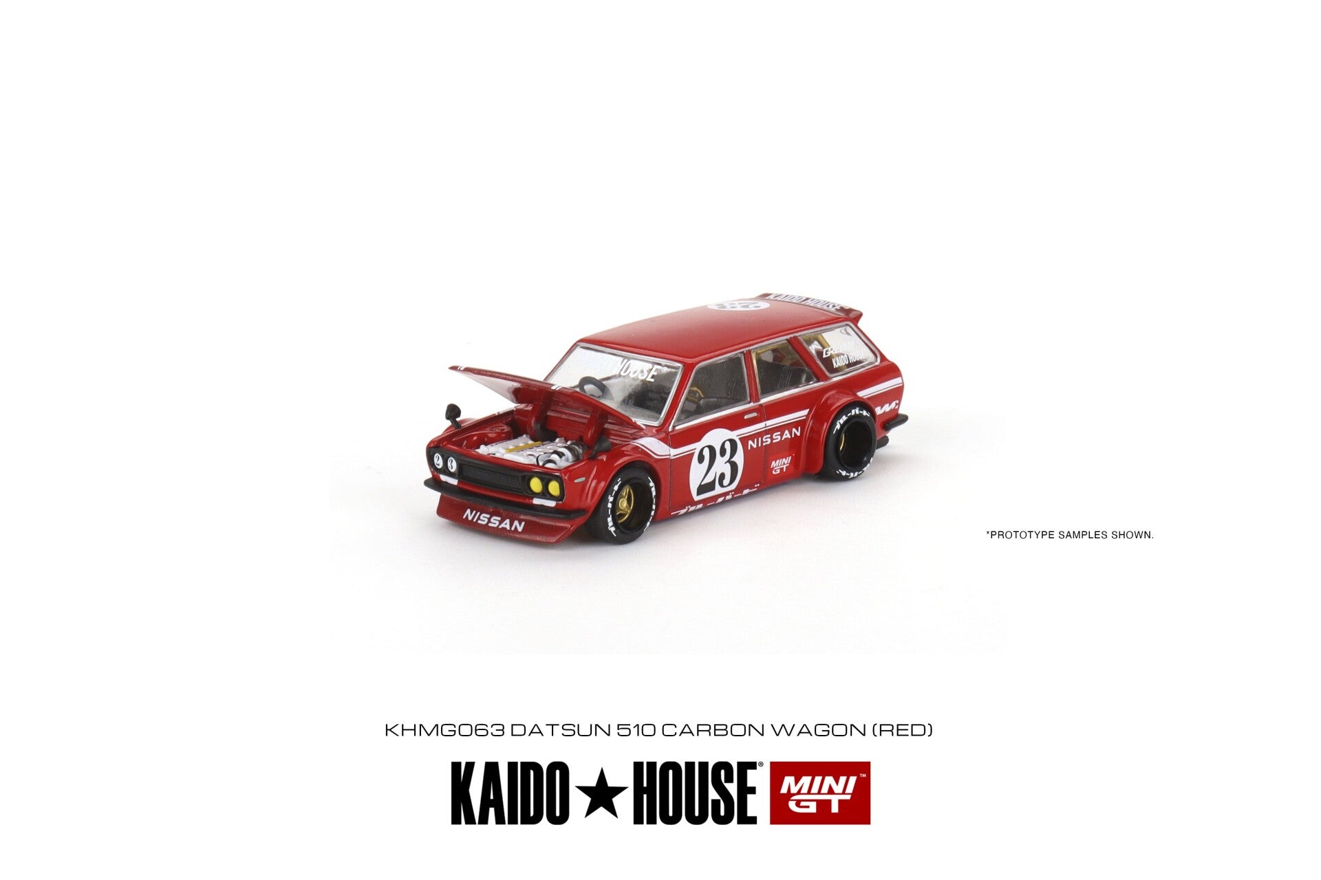 Mini GT 1/64 - Datsun KAIDO 510 Wagon CARBON FIBER V2 GEOPEND GEEN CHASE Mgt097
