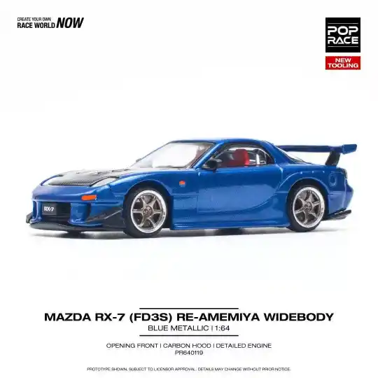 Pop Race 1/64 - Mazda RX-7 (FD3S) RE-AMEMIYA Widebody  metallic Blue pop097