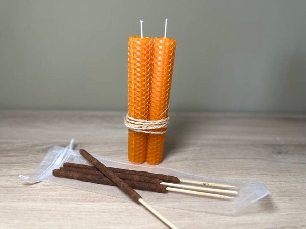 Kaneel Kit - Oranje bijenwas kaarsen + kaneel wierook