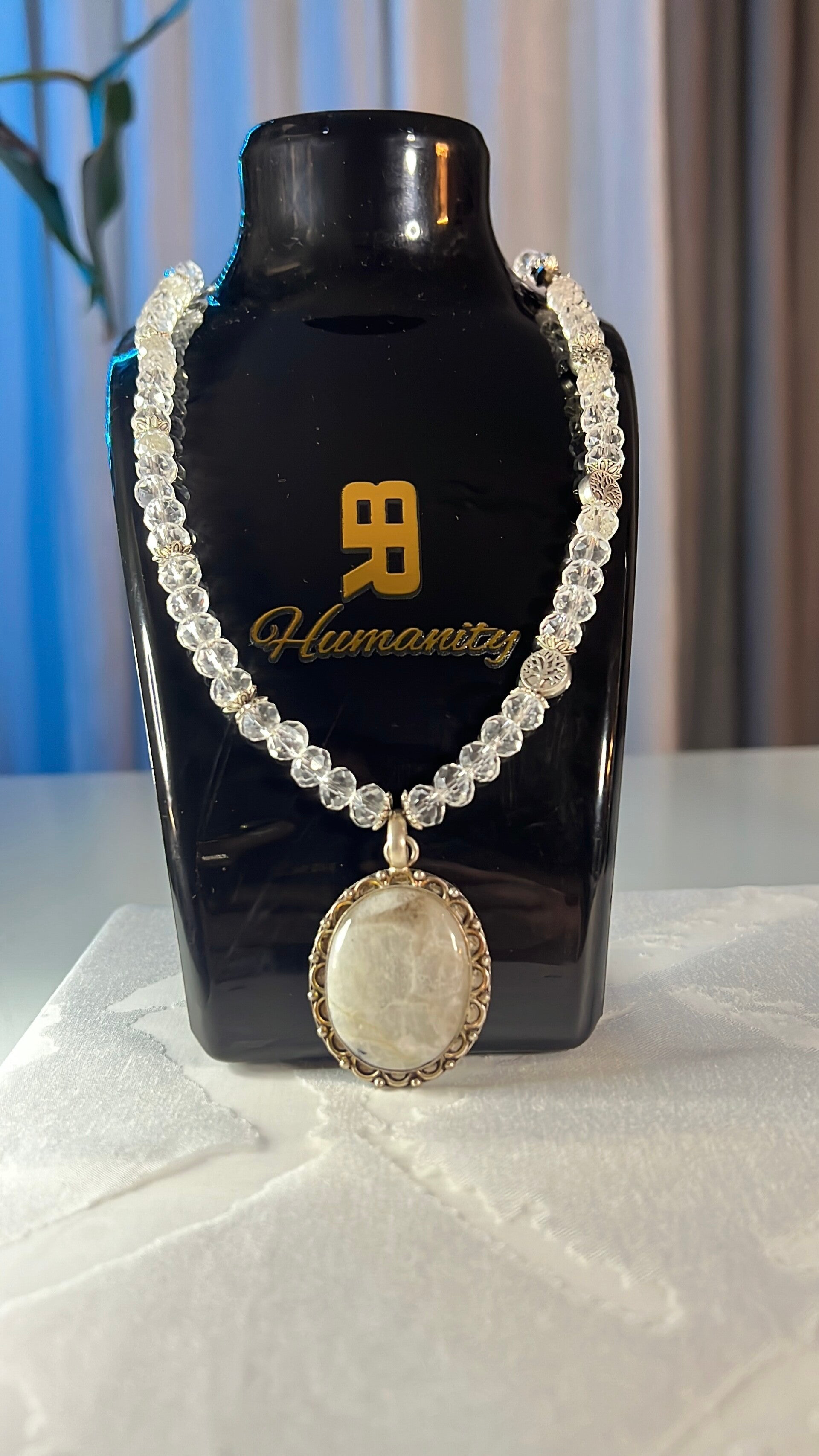 White Agate & White Crystal Necklace with Tree of Life & Floral Detail