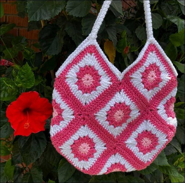Pink and White Large Sunflower Crochet Bag.