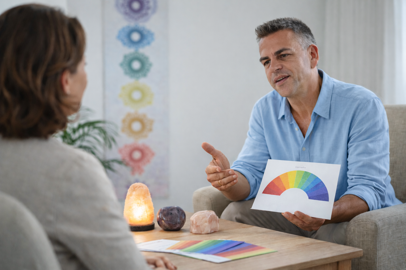 Holistische individuele begeleiding bij vastlopen of uit balans zijn, met kleurcoaching en chakra-bewustzijn bij Corpus Spiritus