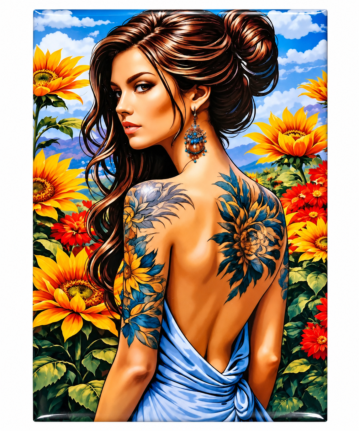 Magnet Femme Tatouée avec Tournesols