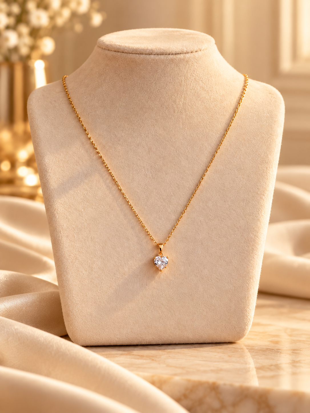 Collier diamants artificiels coeur en acier inoxydable