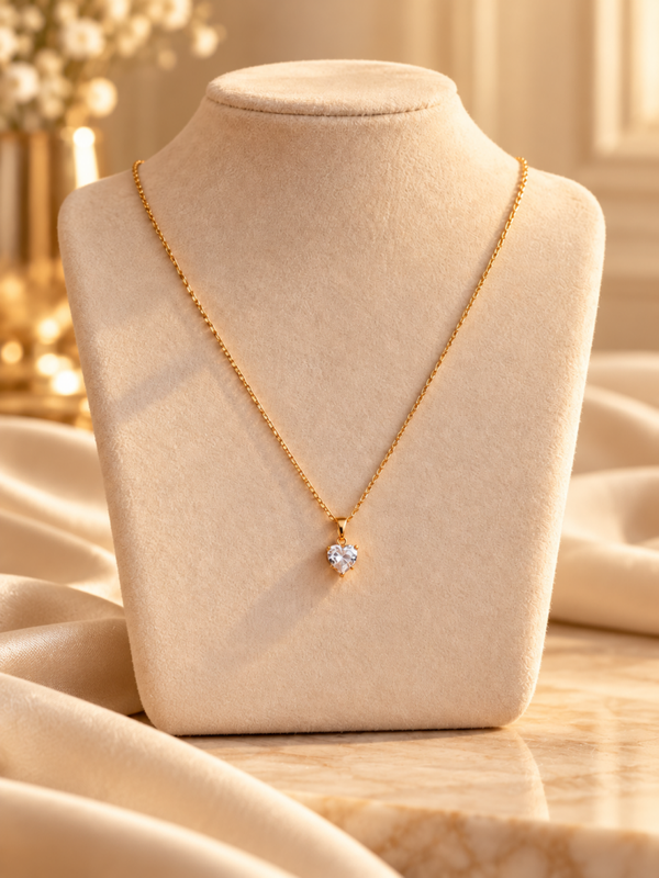 Collier diamants artificiels coeur en acier inoxydable