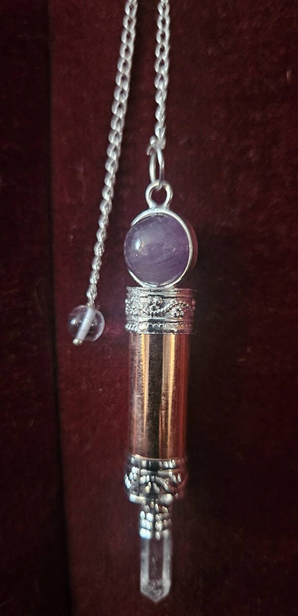 COPPER WAND PENDULUM W/AMETHYST BALL AND CRYSTAL POINT