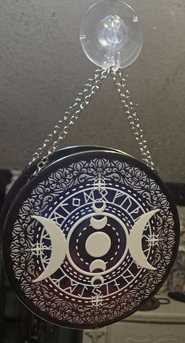 TRIPLE MOON SUNCATCHER WITH RUNE SYMBOLS GLASS COMES WITH SUCTION HANGER