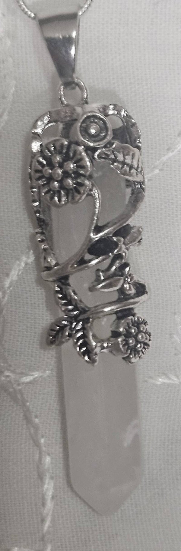 LARGE NATURAL QUARTZ CRYSTAL POINT WRAPPED IN STERLING SILVER ROSES