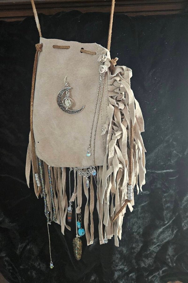 Handmade Crescent Moon Genuine suede fringe drawstring bag