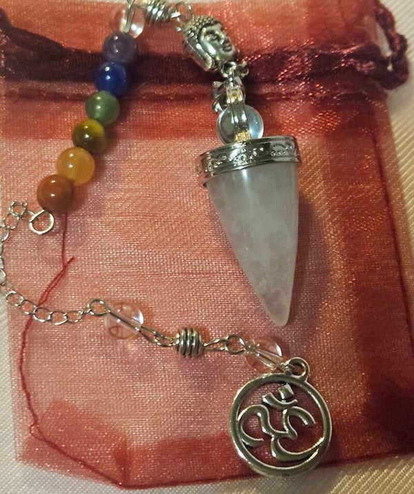 NATURAL CLEAR DOUBLE  QUARTZ CHAKRA PENDULUM W/STERLING SILVER OHM SIGN AND CHAIN