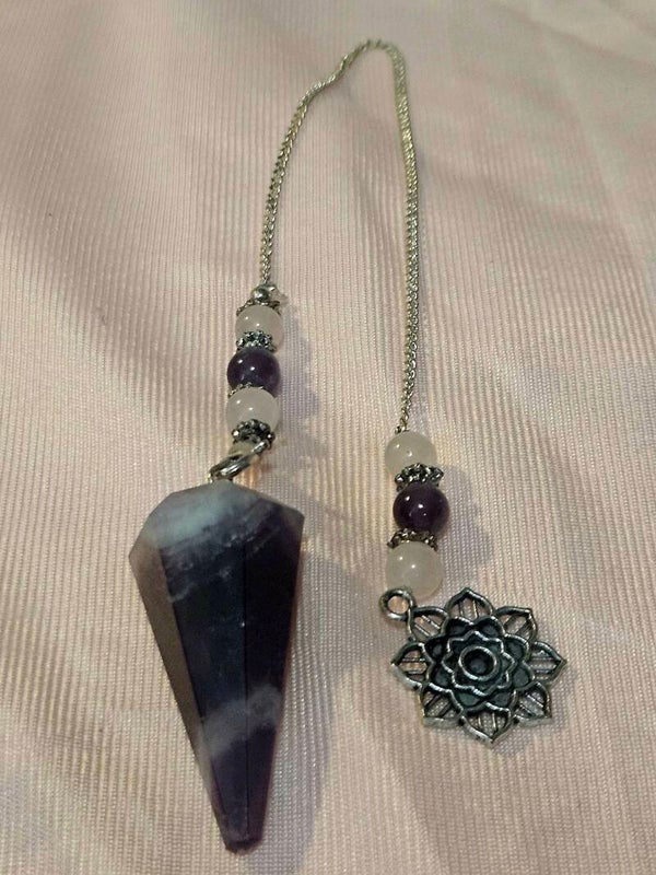NATURAL AMETHYST AND CRYSTAL PEDULUM ON STERLING SILVER CHAIN WITH FLOWER OF LIFE PENDANT