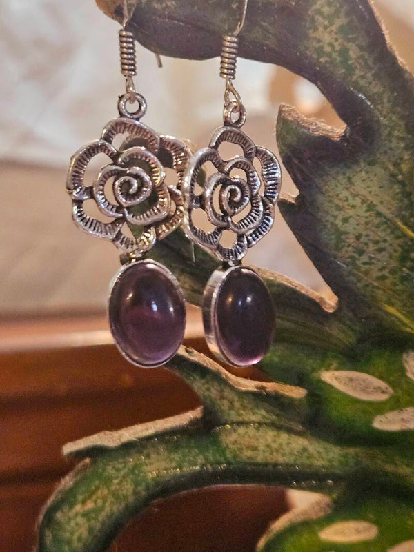 STERLING SILVER NATURAL AMETHYST FLOWER OF LIFE HOOK DANGLE EARRINGS 1 AVAILABLE