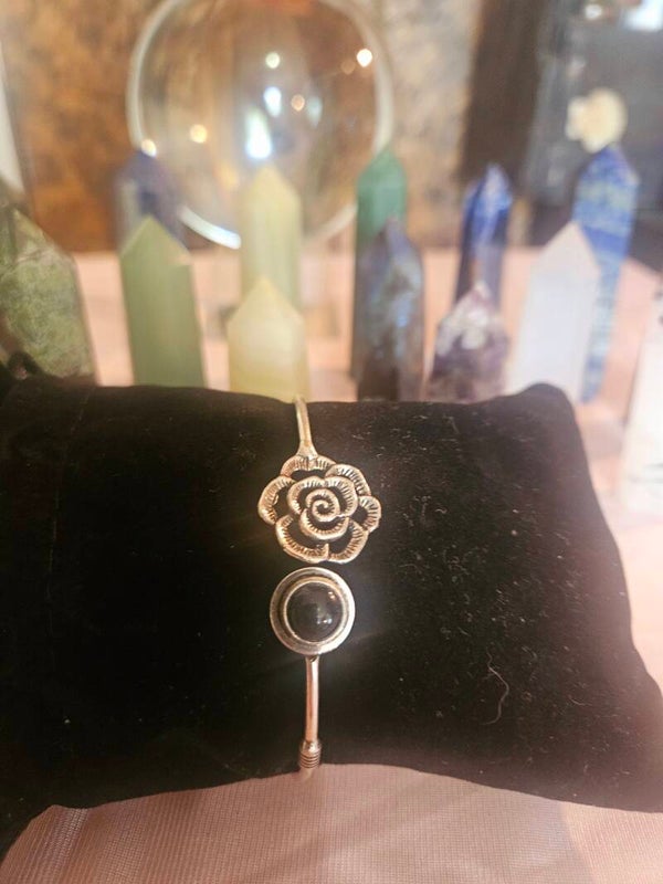 STERLING SILVER FLOWER OF LIFE BLACK ONYX  CUFF BRACELET