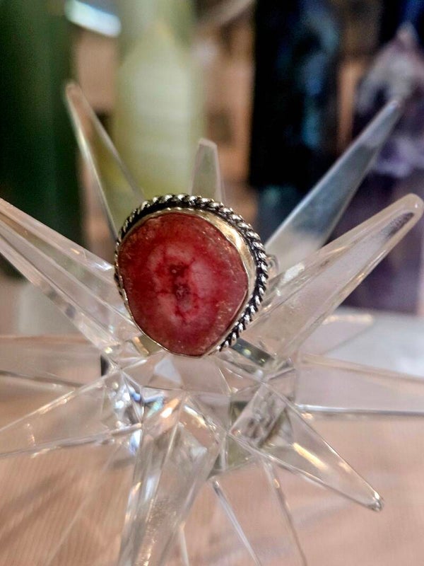 NATURAL PINK DRUZY AGATE STERLING SILVER RING US SIZE 6
