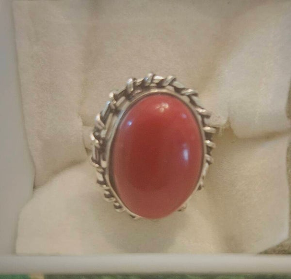 NATURAL RED CORAL IN STERLING SILVER RING SZ 6.5