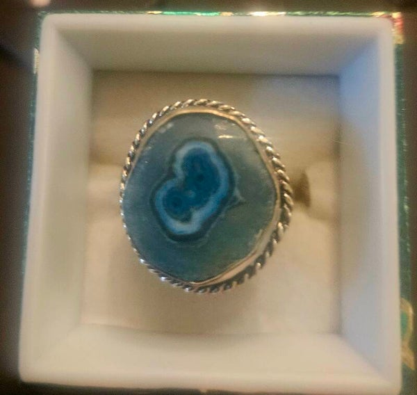 NATURAL BLUE DRUSY STERLING SILVER RING SZ. 7