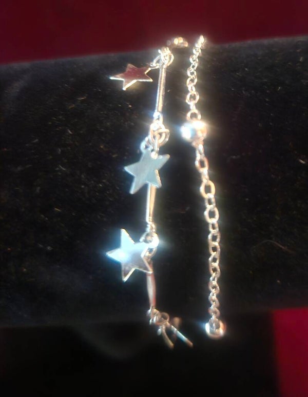 DOUBLE CHAIN STARS AND SILVER BEADED ANKLET