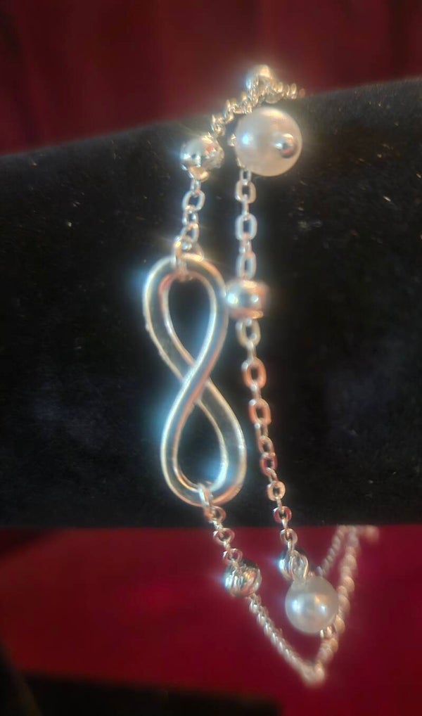 INFINITY SIGN DOUBLE CHAIN FAUX PEARL ANKLET