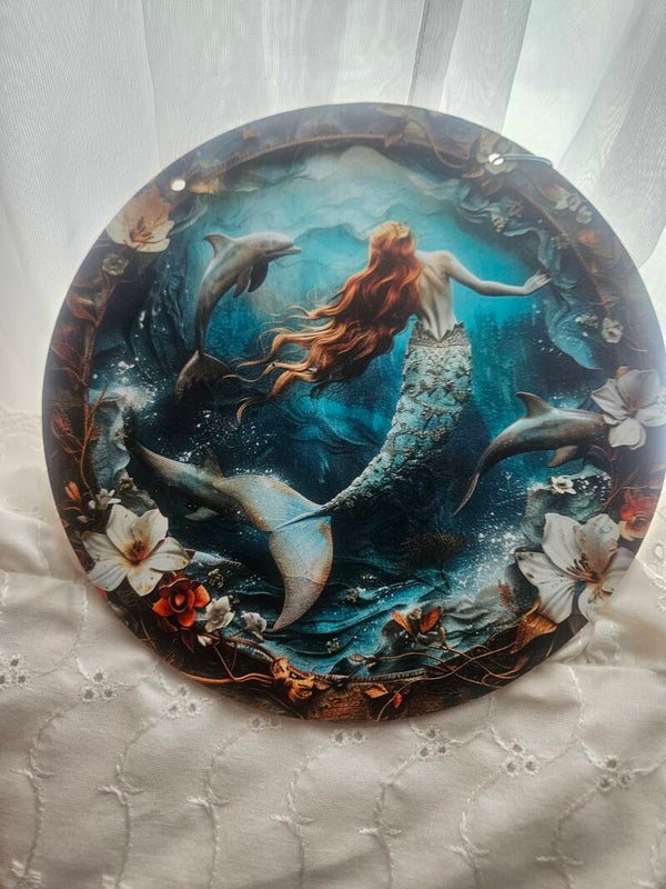 WOOD SIGN MERMAID WITH DOLPHINS 8X8